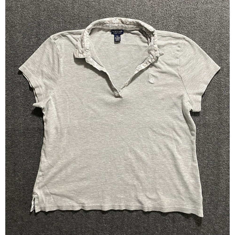 US Polo Assn Womens Gray Short Sleeve Floral Trim Polo‎ Shirt XL 21632798